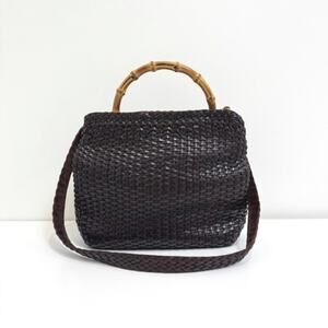 GUCCI Brown Woven Leather Tan Bamboo Top Handle Bag Crossbody Tote Handbag VTG